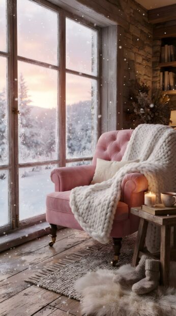 A cozy pink armchair by a snowy window creates a charming cute pink Christmas wallpaper scene