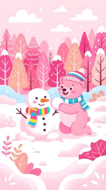 Cute pink Christmas wallpaper showing a friendly pink bear building a snowman in a pastel forest