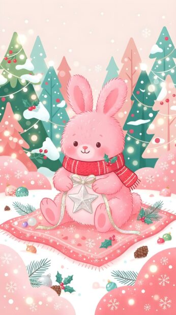 An adorable pink bunny with a red scarf holds a star ornament in a festive winter scene