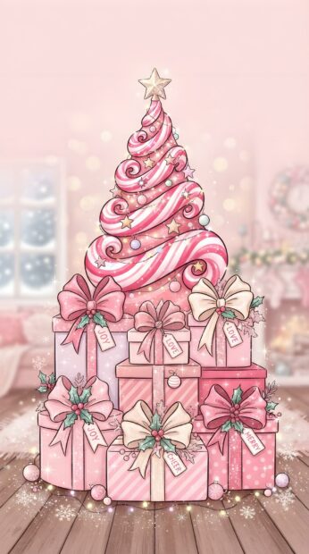 A cute pink Christmas wallpaper featuring a candy swirl tree on stacked pink gift boxes