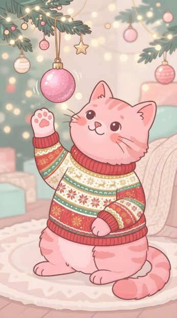 An adorable pink cartoon cat wearing a festive Christmas sweater plays with a pink ornament