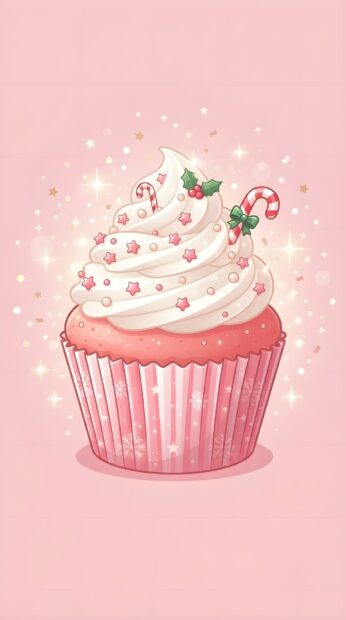 Cute pink Christmas wallpaper showing a festive cupcake topped with whipped cream, candy canes, and holly