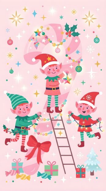 Three cute elves decorate a giant pink candy cane with sparkling lights and ornaments