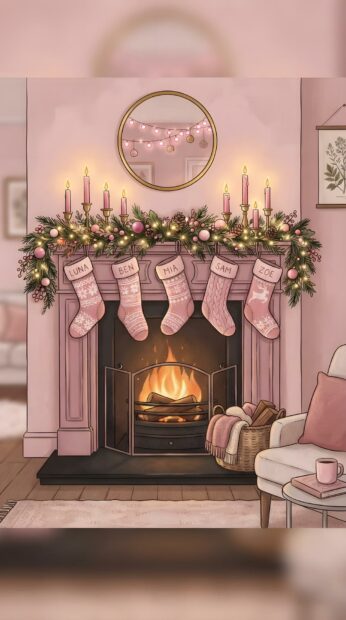 Cute pink Christmas wallpaper featuring a cozy fireplace adorned with garlands, candles, and pink stockings