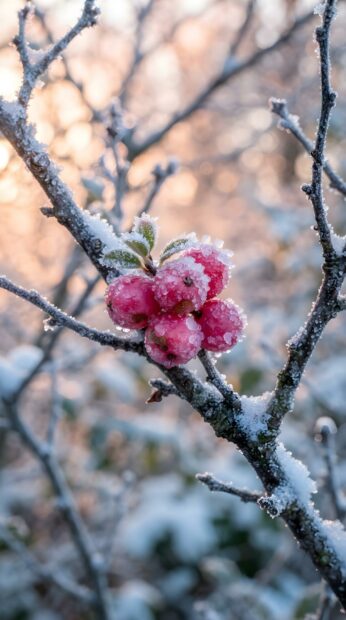 A close-up of frosted pink berries on a snow-covered branch, perfect for a cute pink Christmas wallpaper