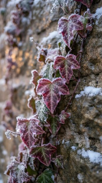 Frosted ivy leaves with reddish-pink hues cling to a stone wall, forming a unique cute pink Christmas wallpaper