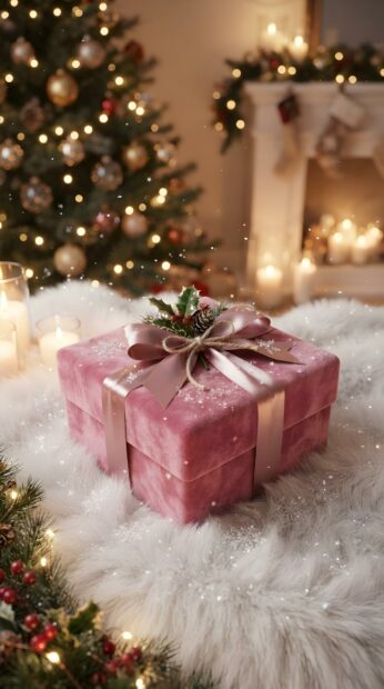 A pink velvet gift box with a ribbon sits on a fluffy white rug, surrounded by festive lights
