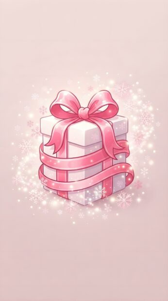An illustrated white gift box wrapped with a pink ribbon and bow shines with sparkles and snowflakes