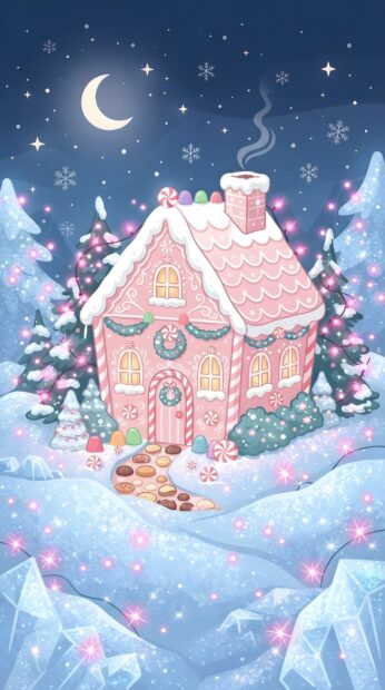 Cute pink Christmas wallpaper with a festive gingerbread house surrounded by snow and twinkling lights at night