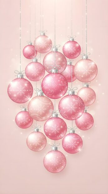 Cute Pink Christmas Wallpaper showcasing a beautiful cluster of glittery pink ornaments with snowflake designs