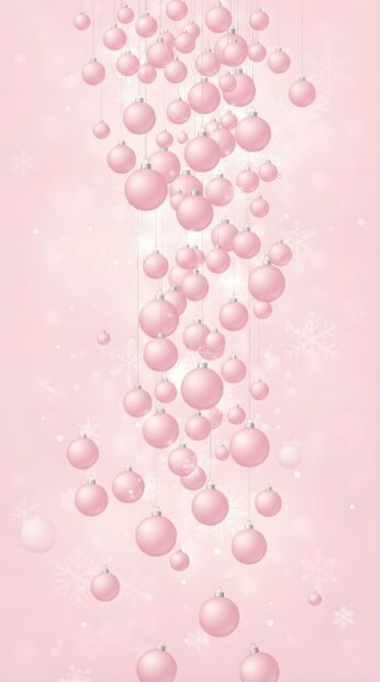 Light pink Christmas ornaments with snowflakes hang elegantly on a soft pink background