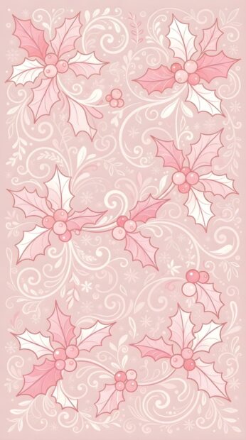 This cute pink Christmas wallpaper displays a repeating pattern of stylized holly leaves and berries
