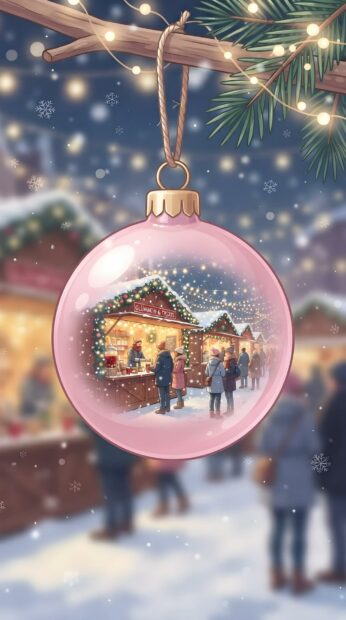Cute Pink Christmas Wallpaper showing a large pink ornament reflecting a lively Christmas market scene
