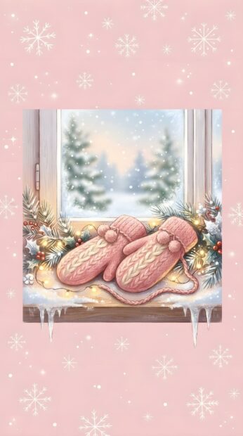 Pink knitted mittens rest on a snowy window sill decorated with lights, creating a cute pink Christmas wallpaper