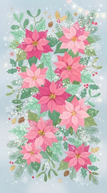 This cute pink Christmas wallpaper features a beautiful pattern of poinsettias, holly, and snowflakes