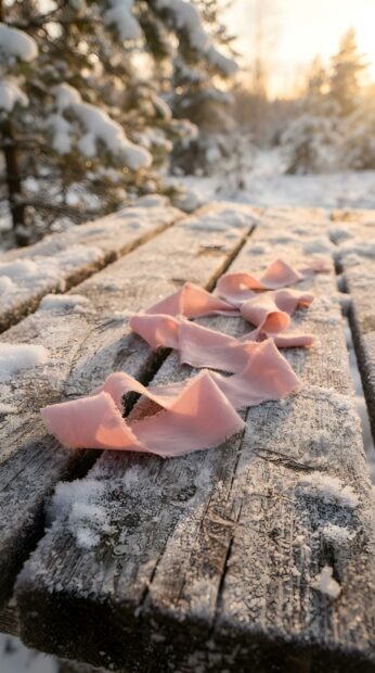 A delicate pink ribbon rests on a snow-covered wooden table, creating a serene cute pink Christmas wallpaper