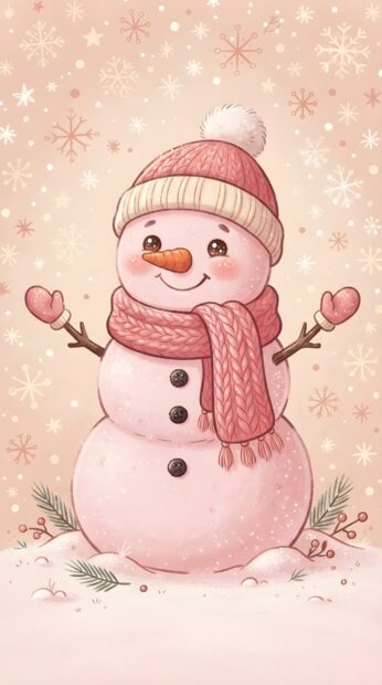 A charming pink snowman wearing a knitted hat and scarf stands in snow, perfect for a festive mobile background
