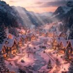 Snowy Village Pink Christmas Sunset Wallpaper