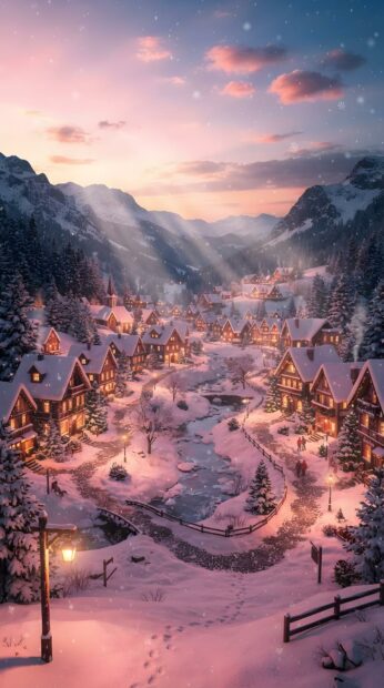 A picturesque snowy village nestled in mountains under a beautiful pink and purple sunset sky