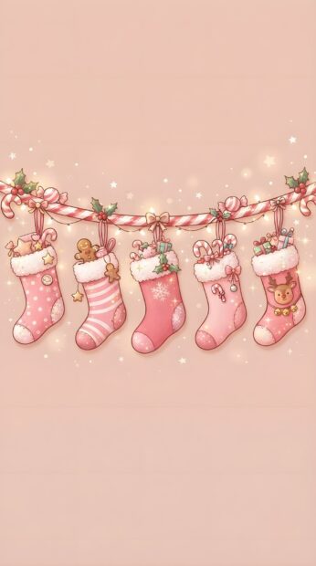 Hanging pink Christmas stockings adorned with candy canes and a gingerbread man
