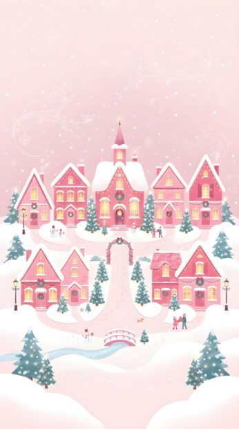 Cute pink Christmas wallpaper depicting a whimsical snow-covered village with pink houses and festive trees