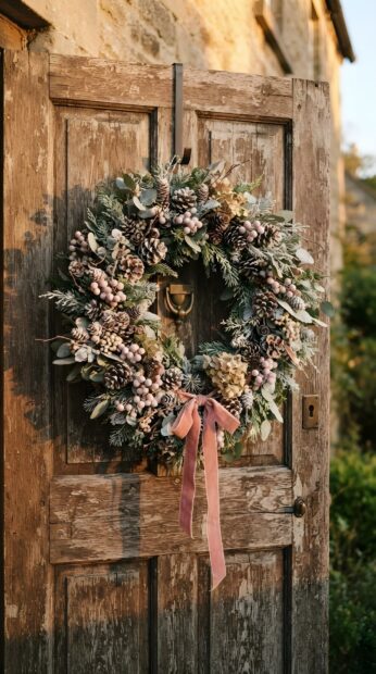 A festive Christmas wreath adorned with pinecones and a pink ribbon hangs on a rustic wooden door