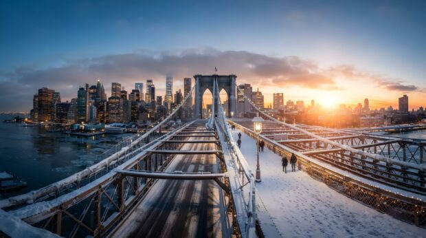 A scenic New York Christmas wallpaper featuring the snow-covered Brooklyn Bridge at sunrise, with the Manhattan skyline