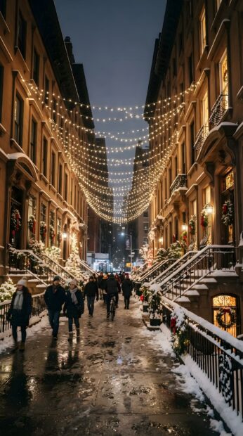 A snowy New York Christmas street adorned with festive string lights between brownstone buildings