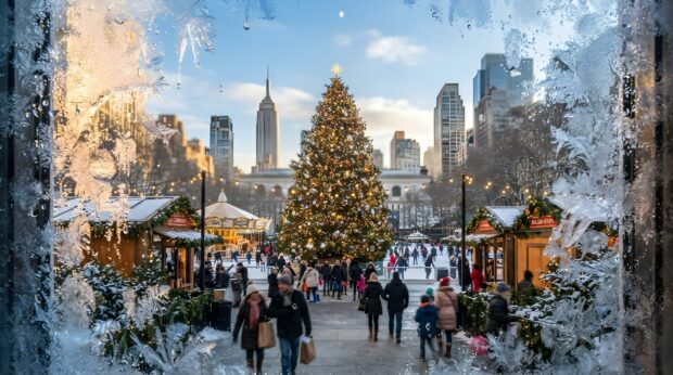 A festive New York Christmas scene at Bryant Park with a grand tree and ice rink