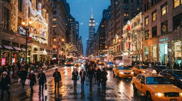 A bustling city street during Christmas, featuring yellow cabs, pedestrians, and the Empire State Building