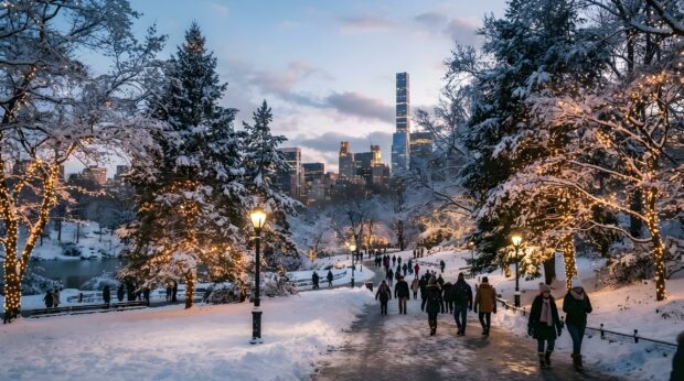 A serene Central Park landscape covered in snow, with festive lights and a distant city skyline