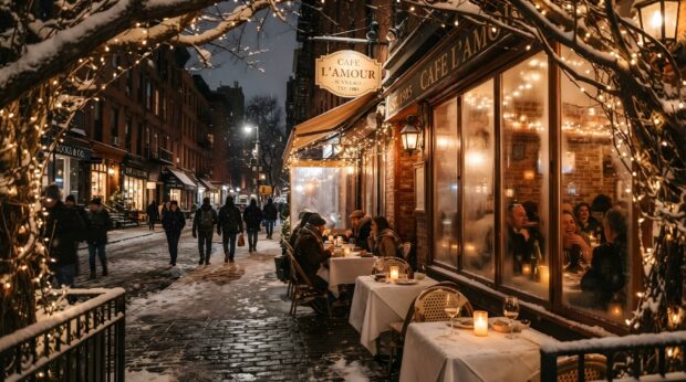 A cozy New York Christmas street scene with a snow-covered cafe and sparkling string lights