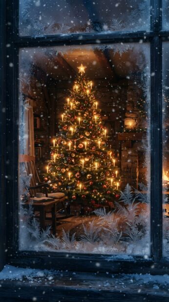 A cozy Christmas tree brightly lit with candles, viewed through a beautifully frosted window