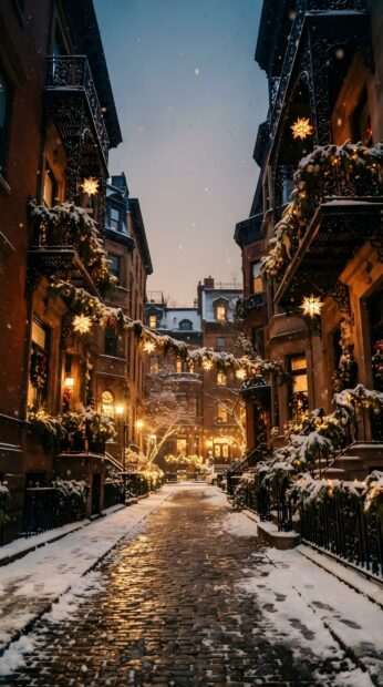 A vertical New York Christmas wallpaper of a charming alley illuminated with warm festive lights and snow