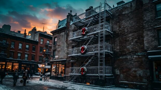 Snow-dusted New York street with buildings, decorated fire escapes, and a warm sunset