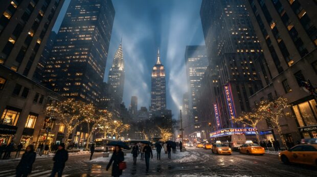 Iconic New York Christmas wallpaper featuring the Empire State Building glowing amidst city lights and snow