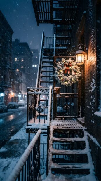 A snowy New York Christmas wallpaper featuring a fire escape adorned with a festive wreath and warm lantern