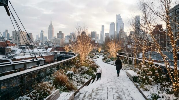A beautiful New York Christmas wallpaper showing the snow-covered High Line with city skyline in winter