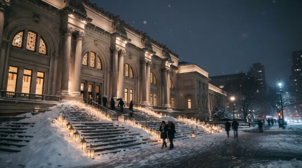 Snow covers the iconic Met Museum steps, illuminated by lanterns at night