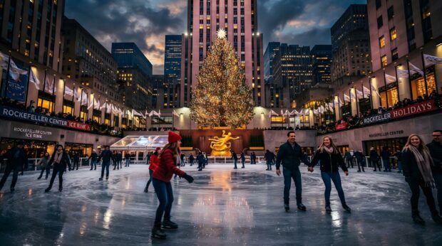 Skaters enjoy the iconic Rockefeller Center ice rink under a grand New York Christmas tree