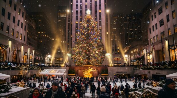 The iconic Rockefeller Center Christmas tree brightly lit, with people ice skating below, making a perfect New York Christmas wallpaper