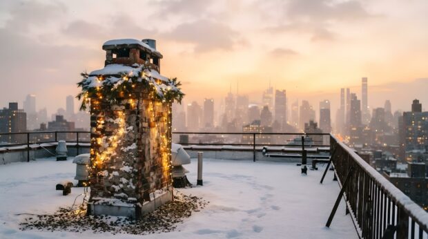 A festive New York rooftop blanketed in snow, with a decorated chimney and a beautiful city skyline at sunset