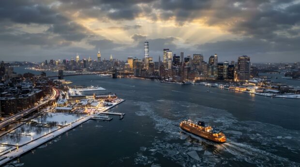 An aerial view of the New York City skyline during winter with a ferry on icy waters under dramatic clouds