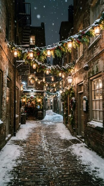 A snow-covered alleyway adorned with festive New York Christmas wallpaper decorations and glowing lanterns