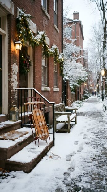 A charming snowy street scene with a sled leaning against steps, decorated with festive holiday garlands