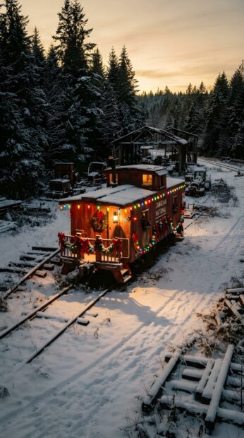 A charming Canadian National caboose decorated with Christmas lights and wreaths in a snowy forest, perfect for a festive wallpaper