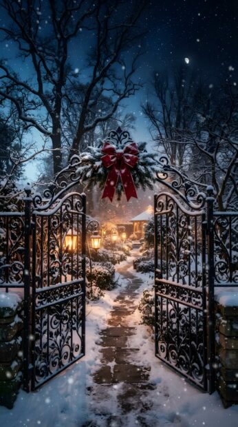 A snowy path leads through a charming gate adorned with a red Christmas bow, ideal as a New York Christmas wallpaper