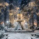 New York Christmas Snowy Park Fountain Wallpaper