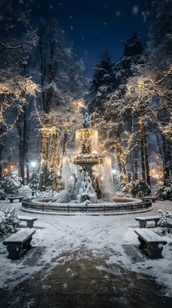 A beautiful snowy park fountain illuminated by warm lights at Christmas