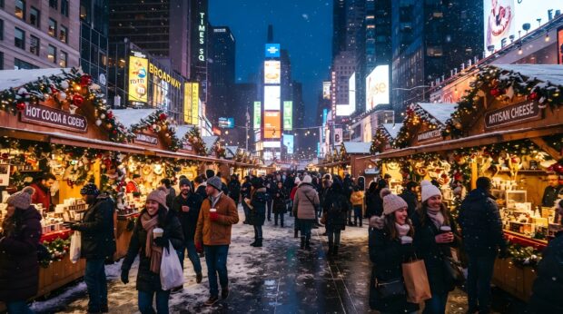 A vibrant New York Christmas wallpaper scene showing a bustling market in Times Square with falling snow